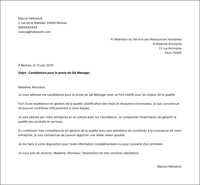 Modèle lettre de motivation QA manager Exemple lettre de motivation QA manager