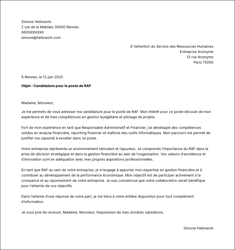 Modèle lettre de motivation RAF Exemple lettre de motivation RAF