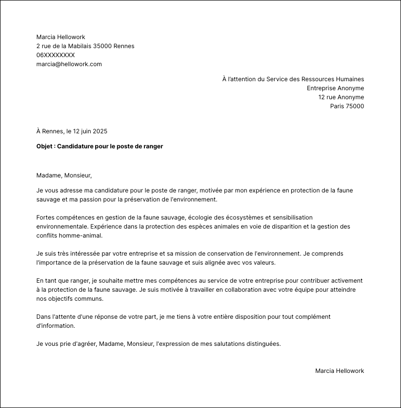 Modèle lettre de motivation Ranger Exemple lettre de motivation Ranger