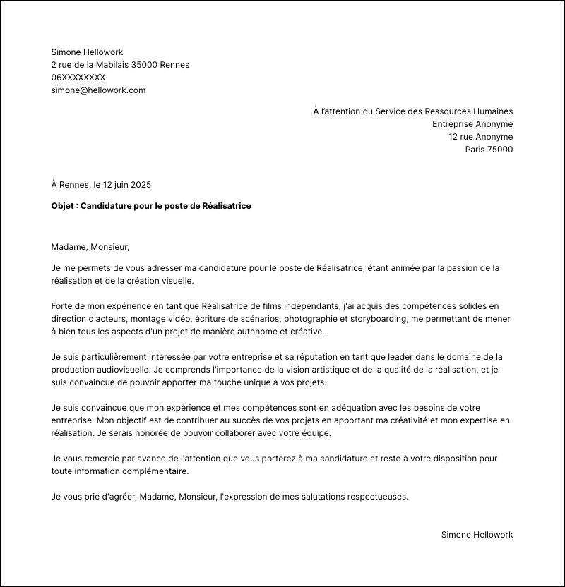 Exemple lettre de motivation Réalisateur