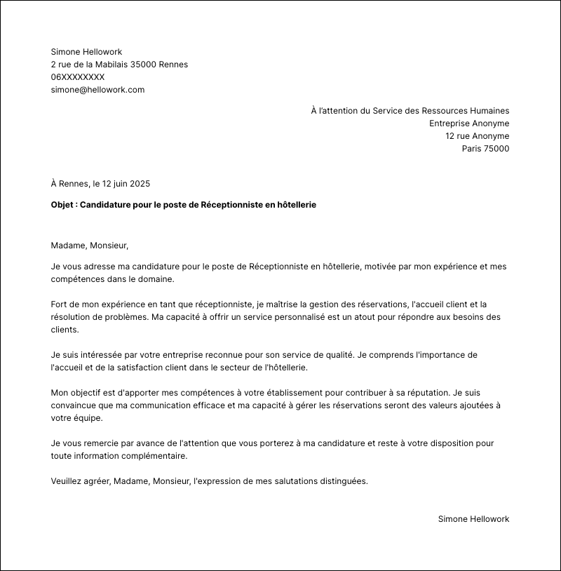 Modèle lettre de motivation Réceptionniste en hôtellerie Exemple lettre de motivation Réceptionniste en hôtellerie