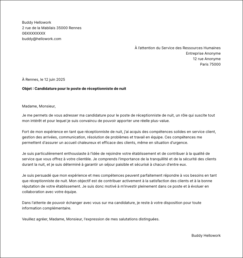 Modèle lettre de motivation Réceptionniste de nuit Exemple lettre de motivation Réceptionniste de nuit