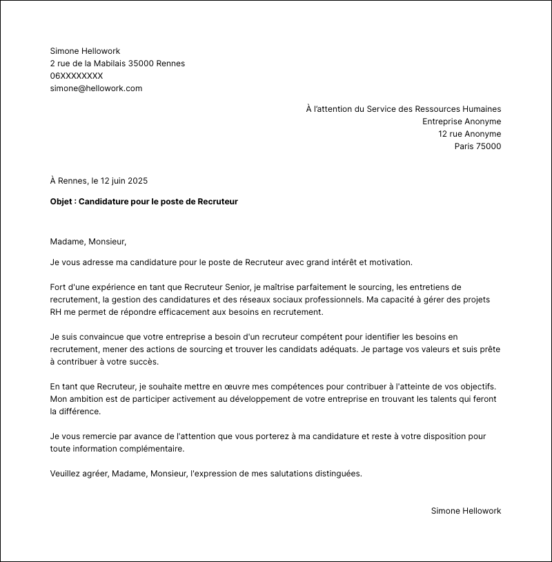 Modèle lettre de motivation Recruteur Exemple lettre de motivation Recruteur