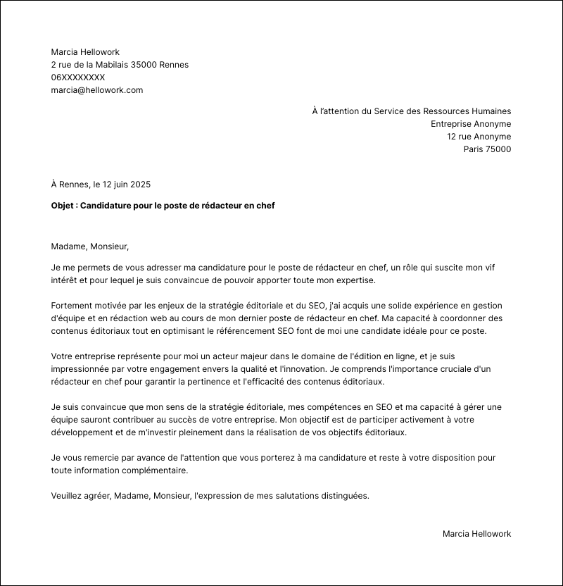 Modèle lettre de motivation Rédacteur en chef Exemple lettre de motivation Rédacteur en chef