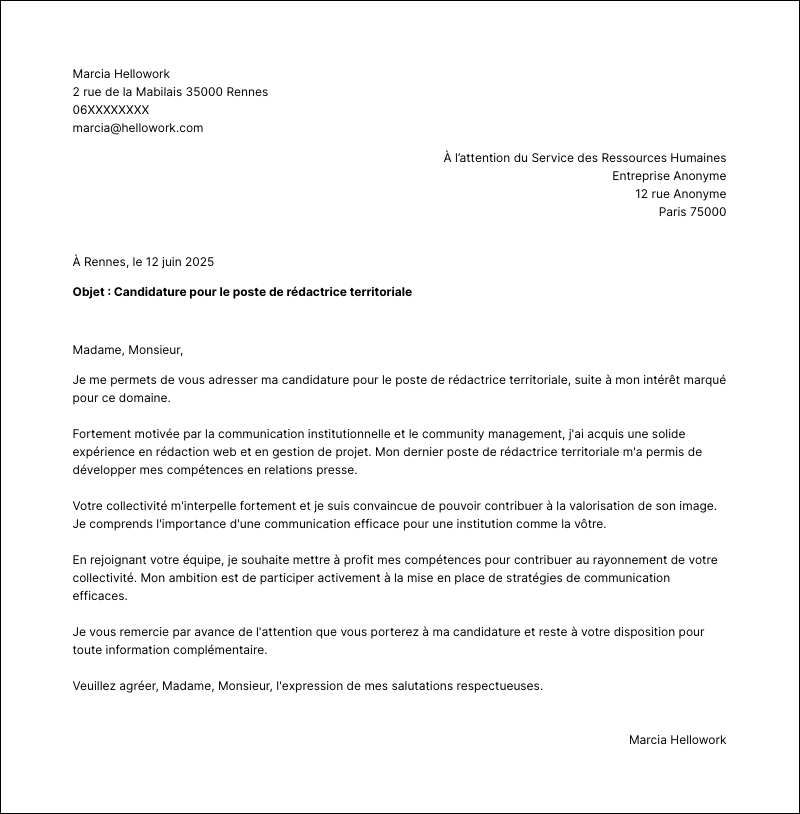 Modèle lettre de motivation Rédacteur territorial Exemple lettre de motivation Rédacteur territorial