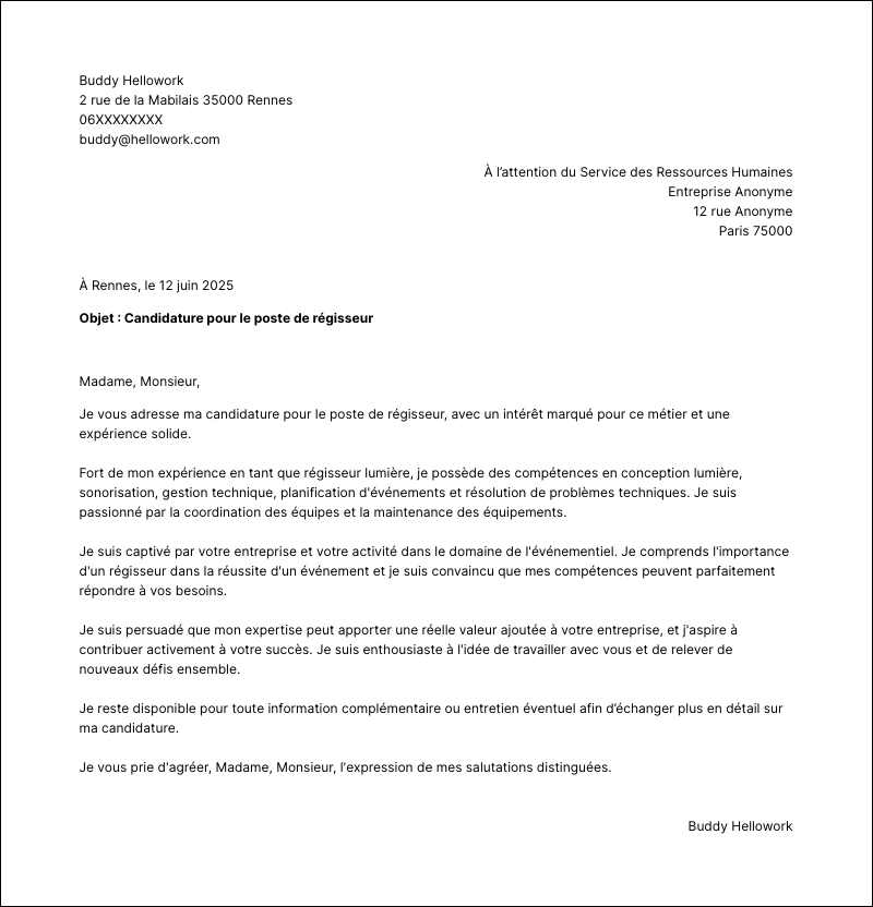 Modèle lettre de motivation Régisseur Exemple lettre de motivation Régisseur