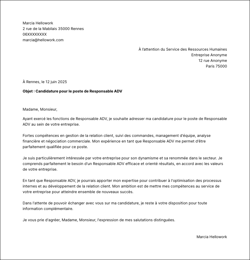 Modèle lettre de motivation Responsable ADV Exemple lettre de motivation Responsable ADV
