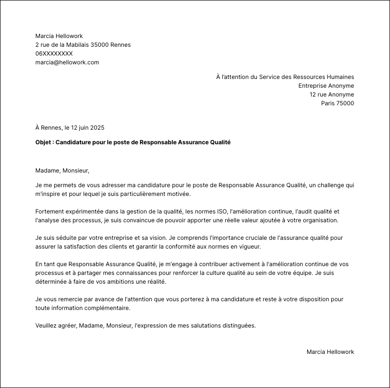 Exemple lettre de motivation Responsable assurance qualité