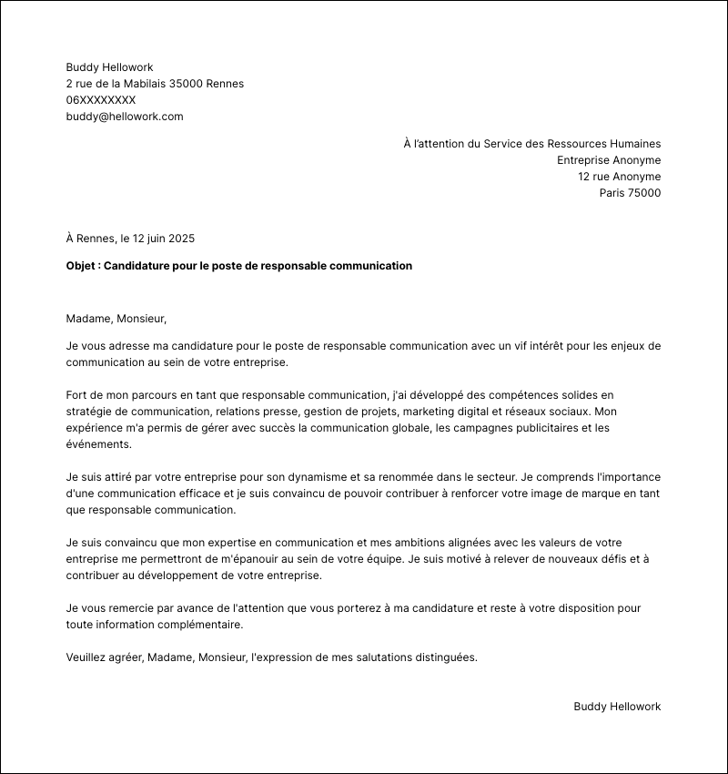 Modèle lettre de motivation Responsable communication Exemple lettre de motivation Responsable communication