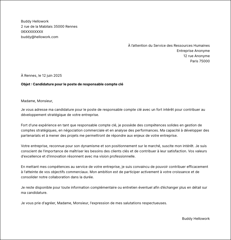 Modèle lettre de motivation Responsable compte clé Exemple lettre de motivation Responsable compte clé