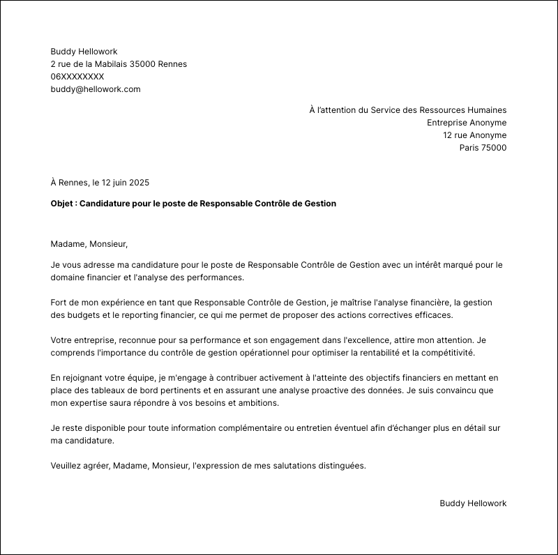 Modèle lettre de motivation Responsable contrôle de gestion Exemple lettre de motivation Responsable contrôle de gestion