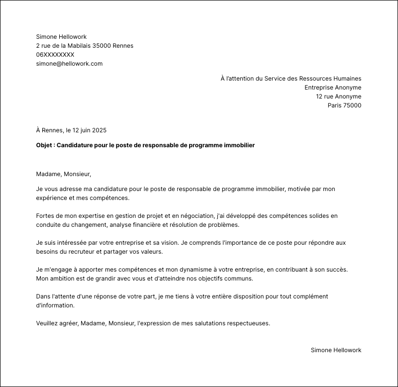 Modèle lettre de motivation Responsable de programme immobilier Exemple lettre de motivation Responsable de programme immobilier