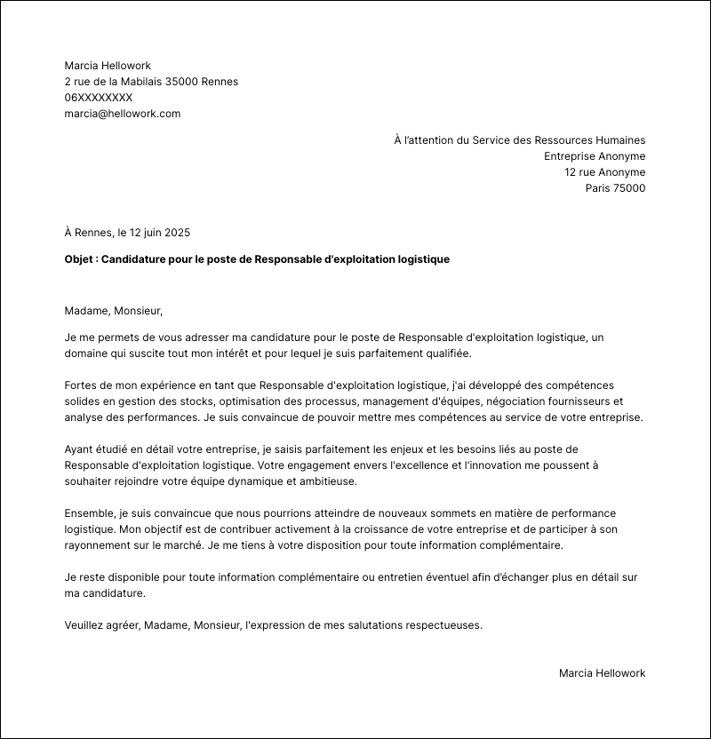Modèle lettre de motivation Responsable d'exploitation logistique Exemple lettre de motivation Responsable d'exploitation logistique