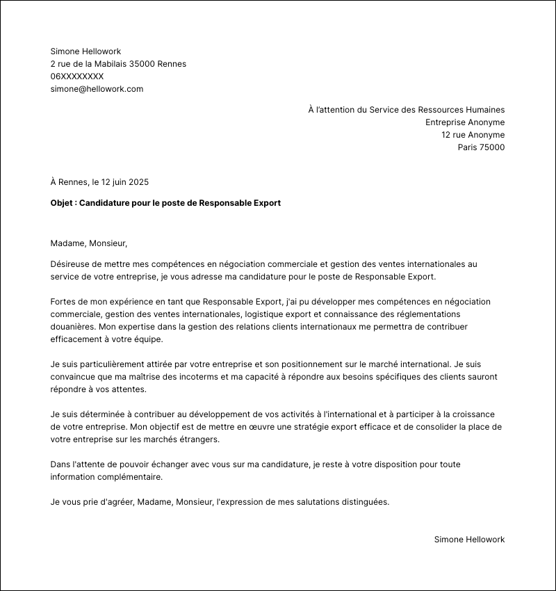 Modèle lettre de motivation Responsable export Exemple lettre de motivation Responsable export