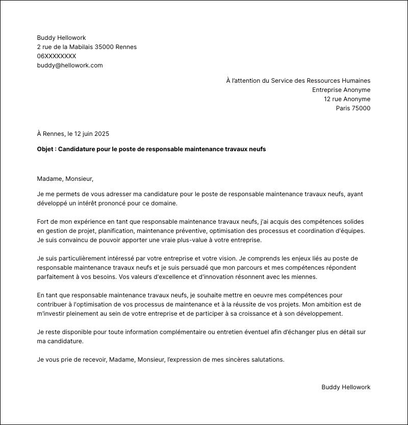 Modèle lettre de motivation Responsable maintenance travaux neufs Exemple lettre de motivation Responsable maintenance travaux neufs