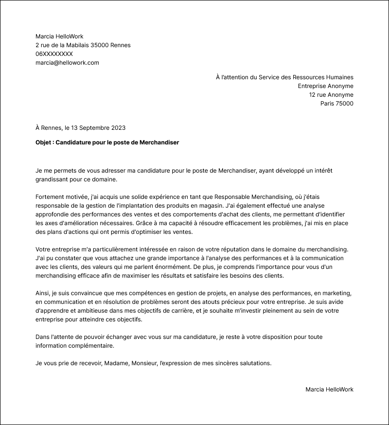 Exemple Lettre de Motivation Responsable merchandising Hellowork — free download
