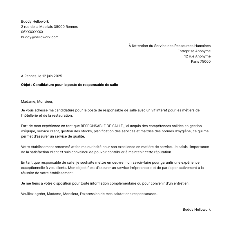 Modèle lettre de motivation Responsable de salle Exemple lettre de motivation Responsable de salle