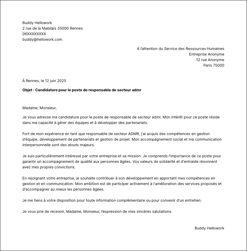 Modèle lettre de motivation Responsable de secteur ADMR Exemple lettre de motivation Responsable de secteur ADMR