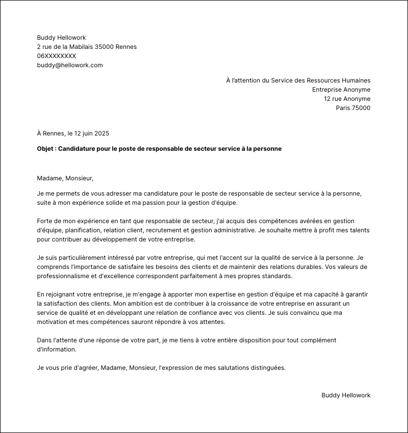 Modèle lettre de motivation Responsable de secteur service à la personne Exemple lettre de motivation Responsable de secteur service à la personne