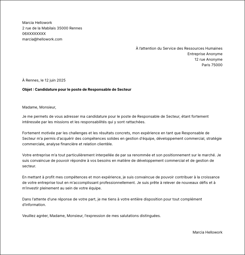Modèle lettre de motivation Responsable de secteur Exemple lettre de motivation Responsable de secteur