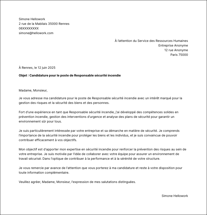 Modèle lettre de motivation Responsable sécurité incendie Exemple lettre de motivation Responsable sécurité incendie