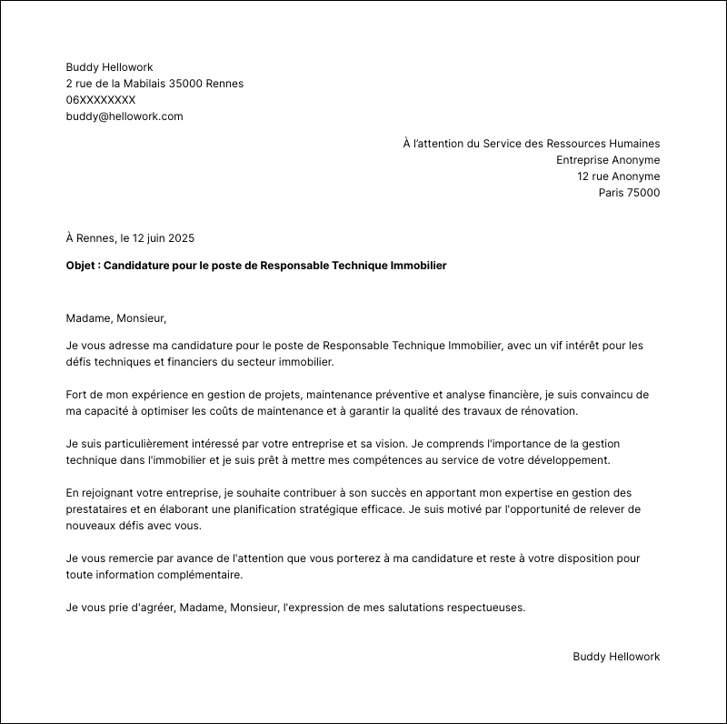 Modèle lettre de motivation Responsable technique immobilier Exemple lettre de motivation Responsable technique immobilier