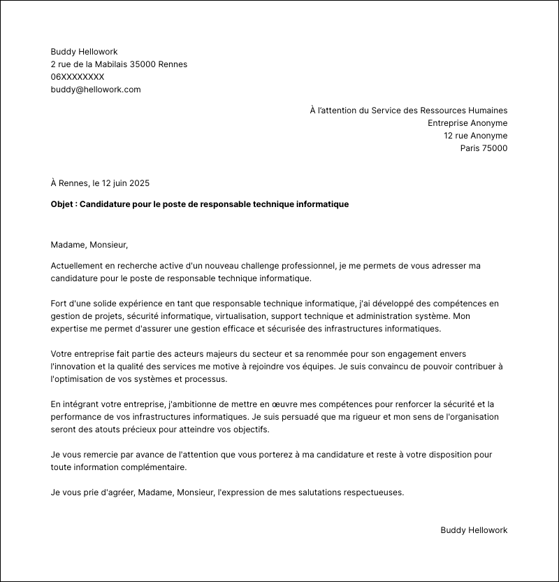 Modèle lettre de motivation Responsable technique informatique Exemple lettre de motivation Responsable technique informatique