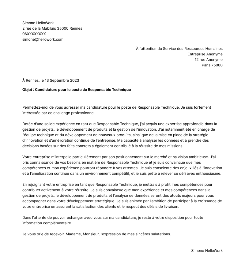 Exemple Lettre de Motivation Responsable technique Hellowork — free download