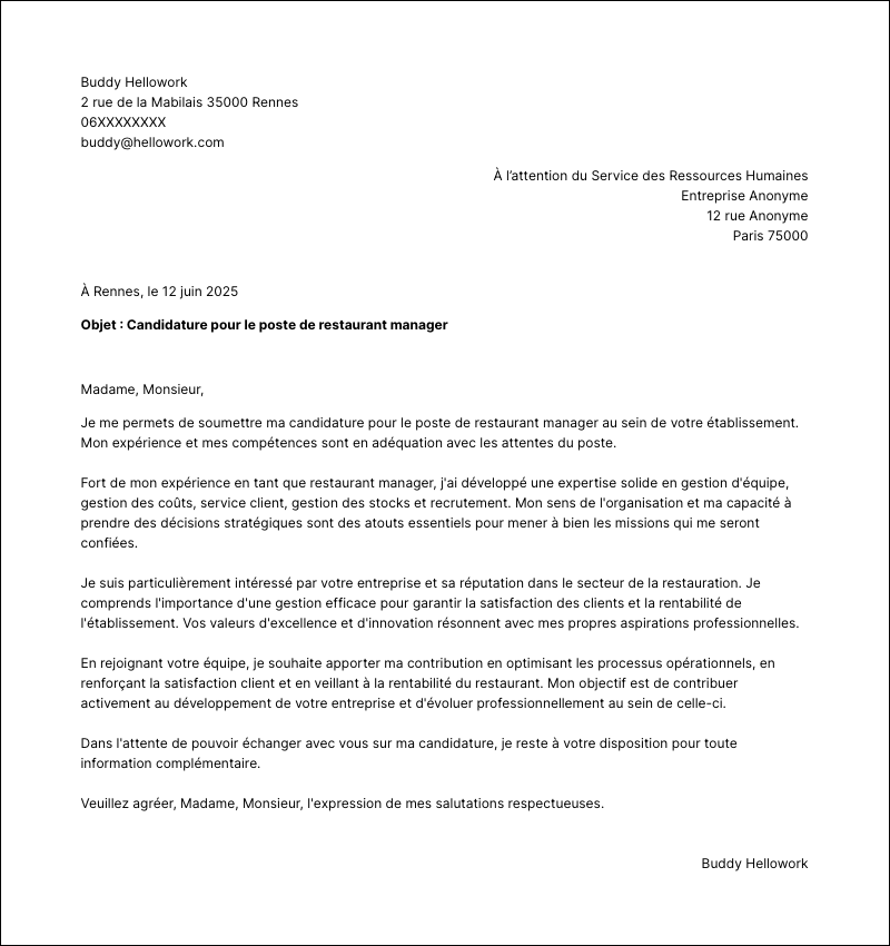 Modèle lettre de motivation Restaurant manager Exemple lettre de motivation Restaurant manager