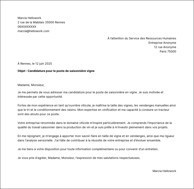 Modèle lettre de motivation Saisonnier vigne Exemple lettre de motivation Saisonnier vigne
