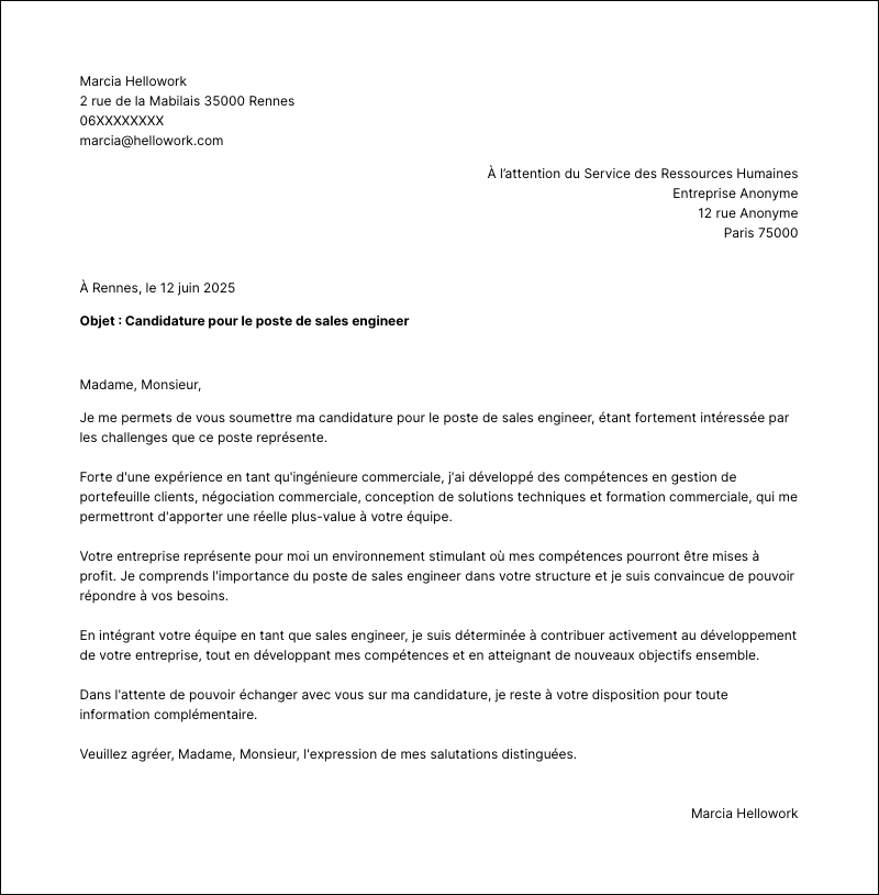 Modèle lettre de motivation Sales engineer Exemple lettre de motivation Sales engineer