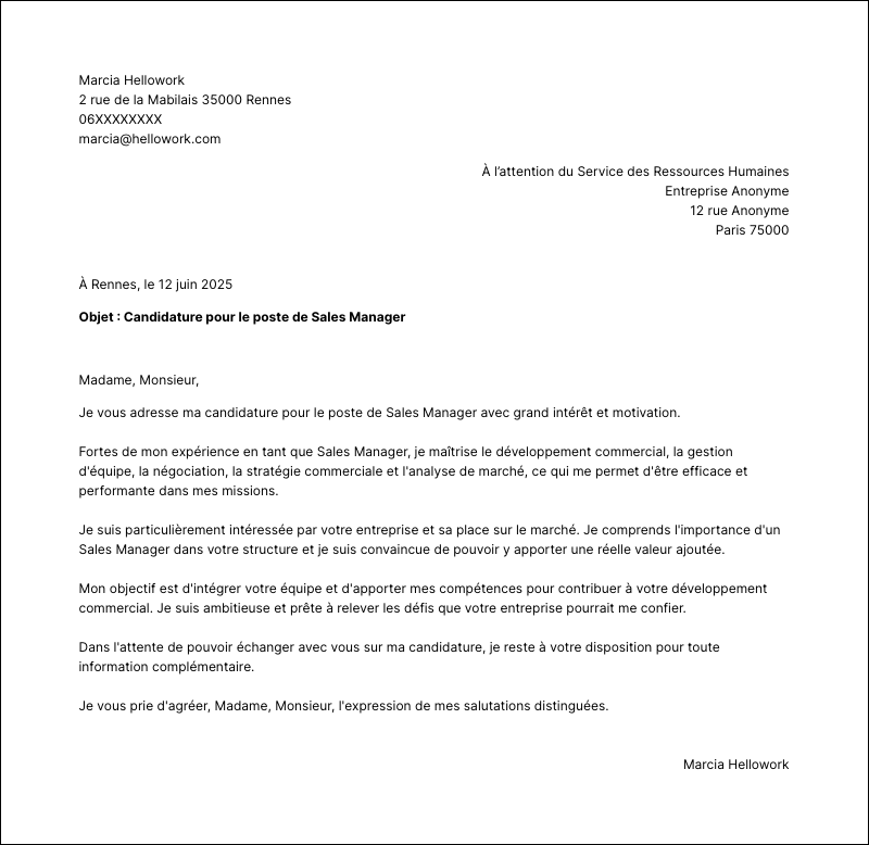 Exemple lettre de motivation Sales manager