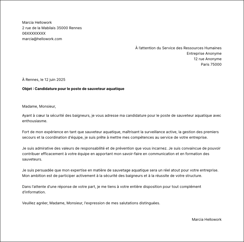 Exemple lettre de motivation Sauveteur aquatique
