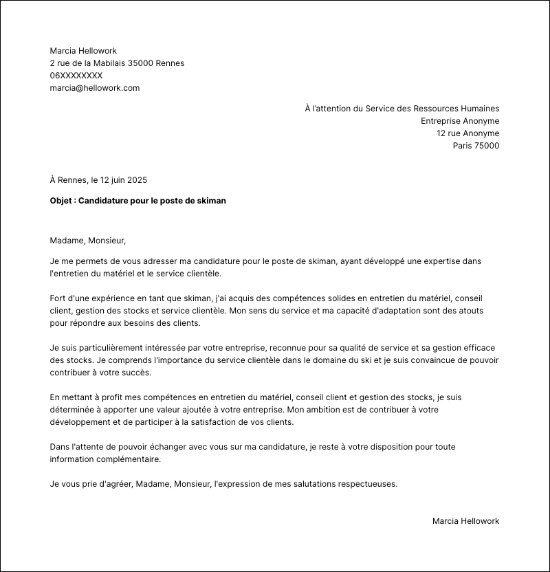 Modèle lettre de motivation Skiman Exemple lettre de motivation Skiman