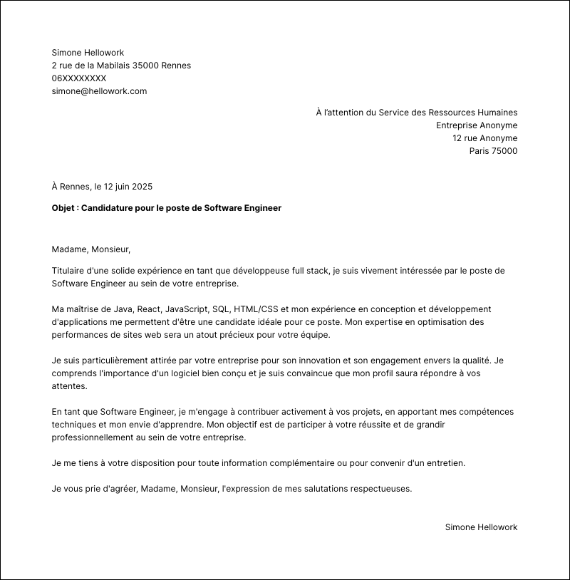 Exemple lettre de motivation Software engineer
