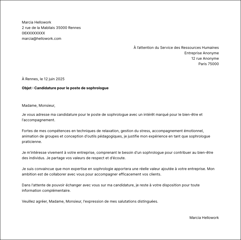 Exemple lettre de motivation Sophrologue