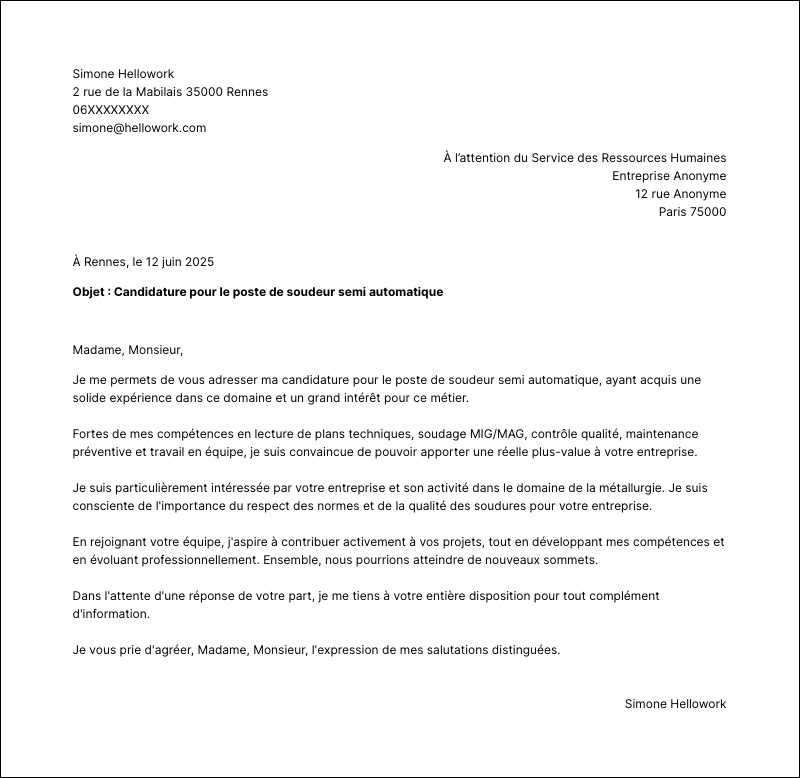 Exemple lettre de motivation Soudeur semi automatique