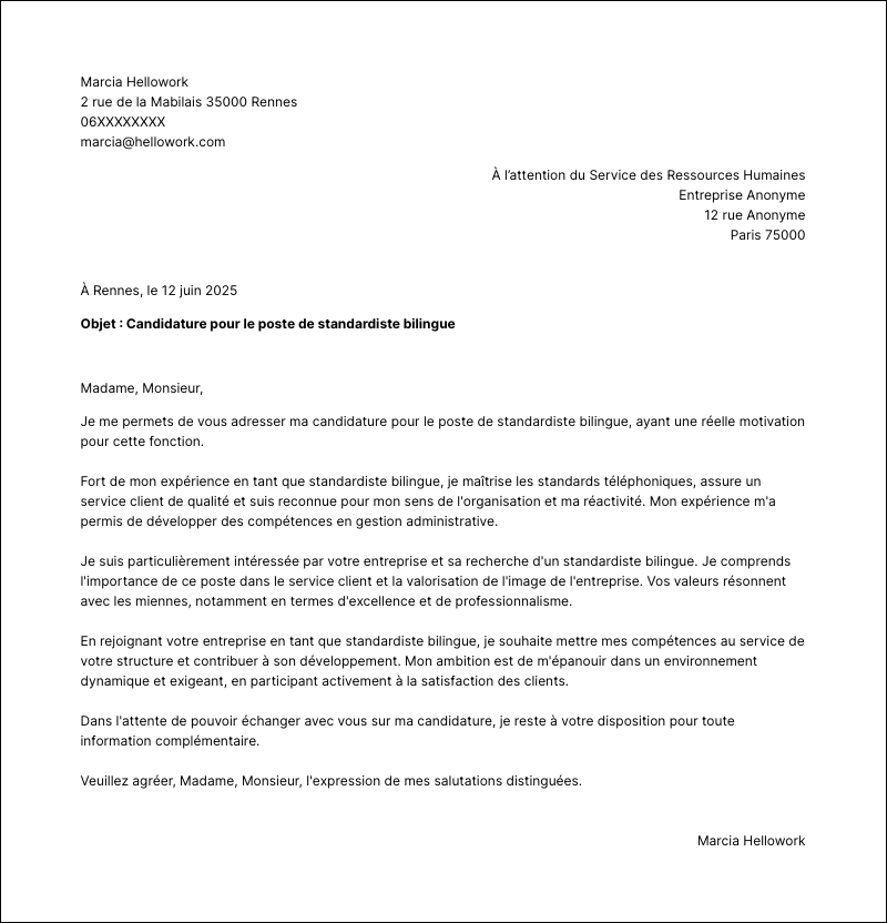 Modèle lettre de motivation Standardiste bilingue Exemple lettre de motivation Standardiste bilingue