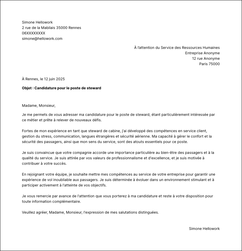 Modèle lettre de motivation Steward Exemple lettre de motivation Steward