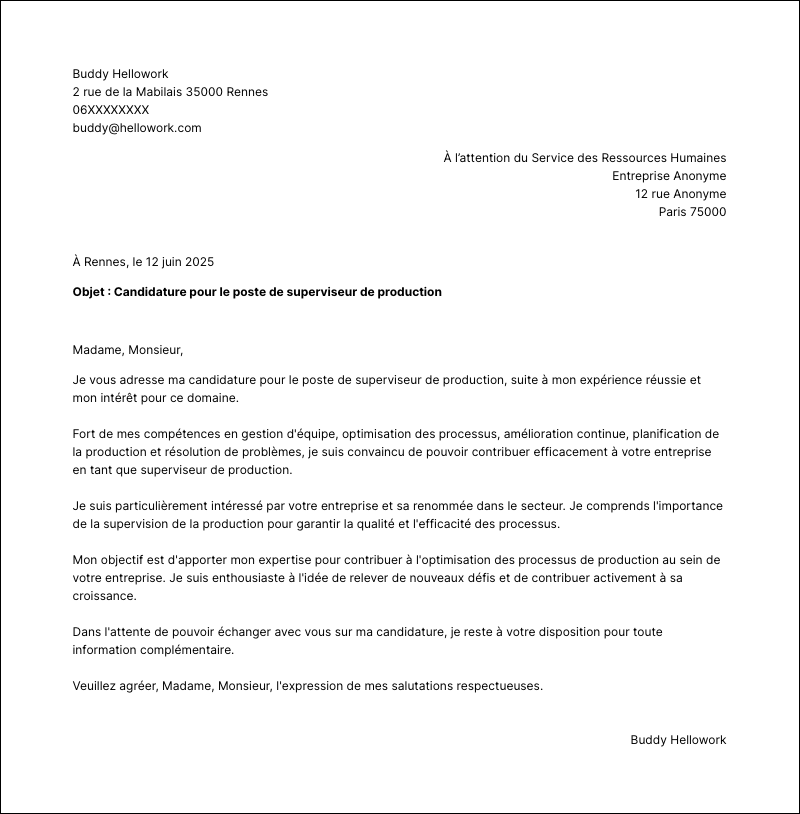 Modèle lettre de motivation Superviseur de production Exemple lettre de motivation Superviseur de production