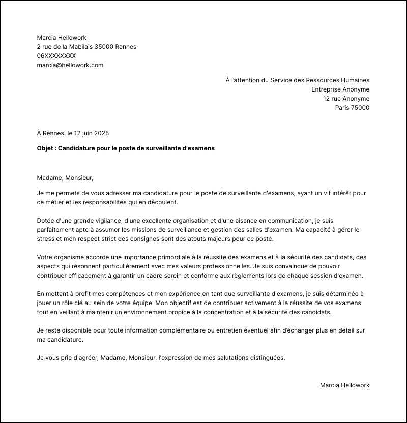 Modèle lettre de motivation Surveillant d'examens Exemple lettre de motivation Surveillant d'examens