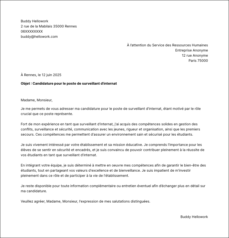 Exemple lettre de motivation Surveillant d'internat