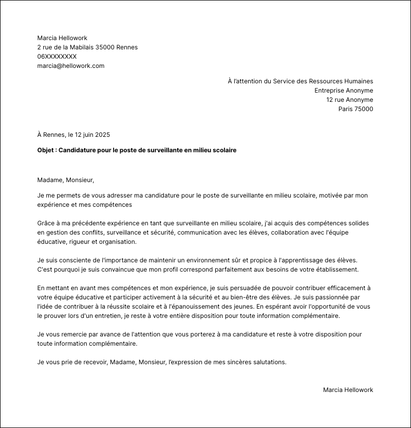 Exemple lettre de motivation Surveillant en milieu scolaire
