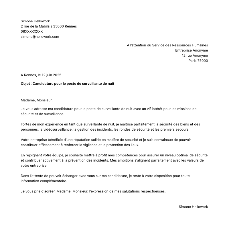 Modèle lettre de motivation Surveillant de nuit Exemple lettre de motivation Surveillant de nuit