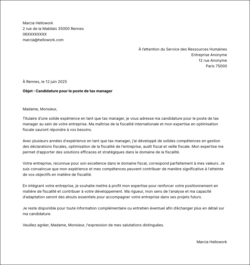 Modèle lettre de motivation Tax manager Exemple lettre de motivation Tax manager