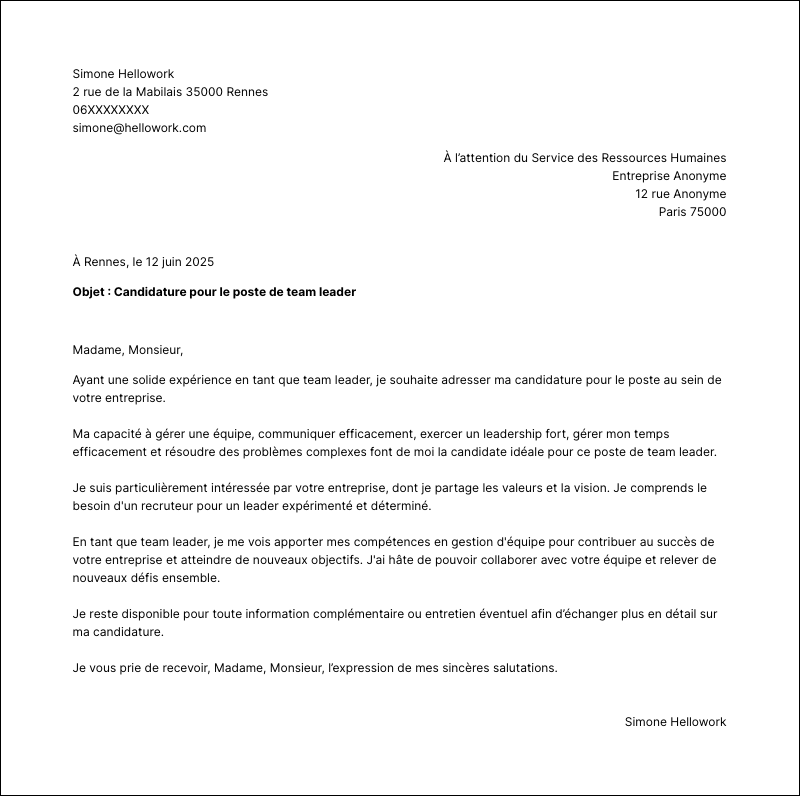 Modèle lettre de motivation Team leader Exemple lettre de motivation Team leader