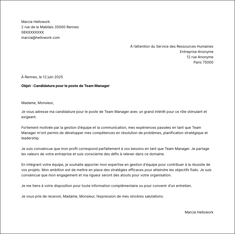 Modèle lettre de motivation Team manager Exemple lettre de motivation Team manager