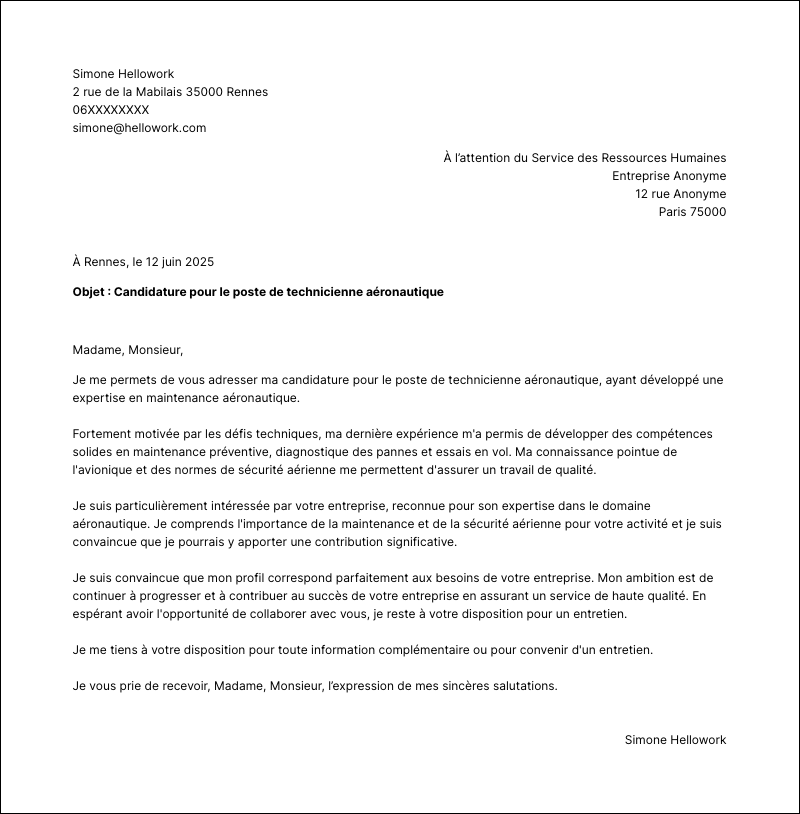 Modèle lettre de motivation Technicien aéronautique Exemple lettre de motivation Technicien aéronautique