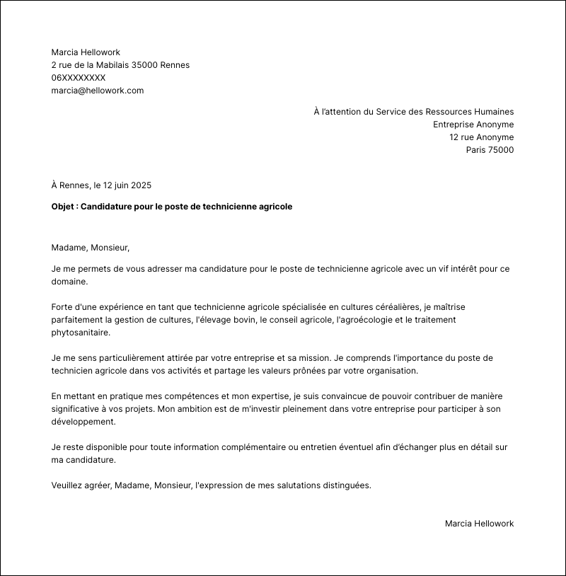 Modèle lettre de motivation Technicien agricole Exemple lettre de motivation Technicien agricole