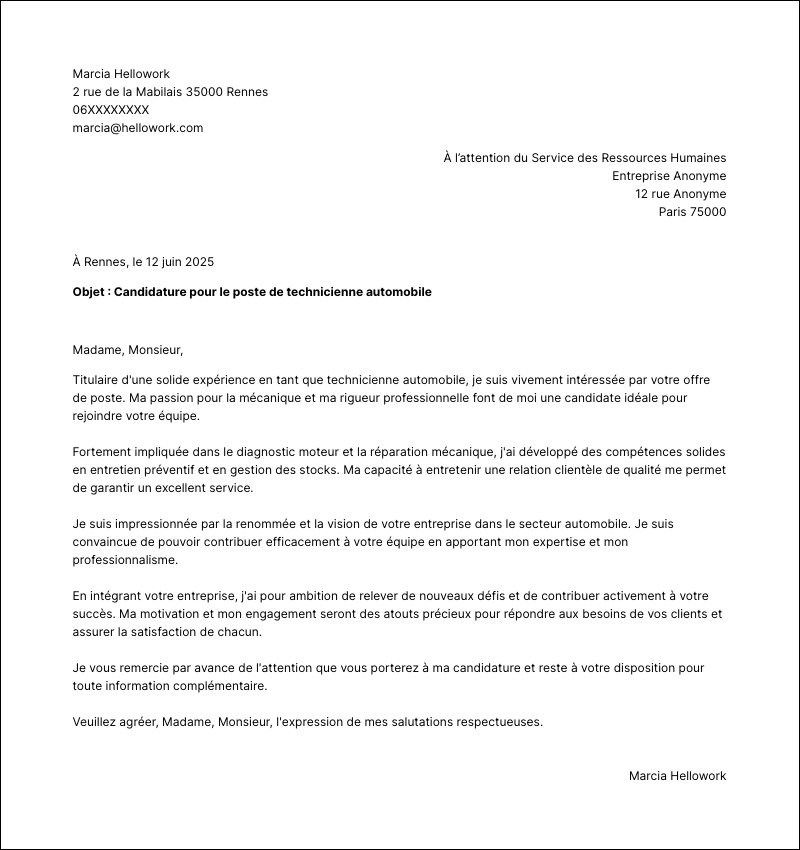 Modèle lettre de motivation Technicien automobile Exemple lettre de motivation Technicien automobile